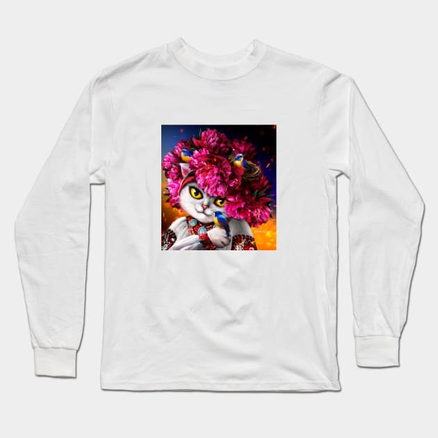 Cute white cat in the pink wreath Long Sleeve T-Shirt by Marysha_art